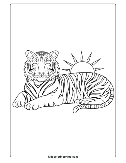 Relaxing Tiger Coloring Page With A Calm Tiger Resting, Featuring A Stylized Sun In The Background.
