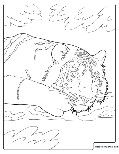 Tiger Coloring Page Showing A Calm Tiger Lying Down Under Shaded Trees In The Forest.