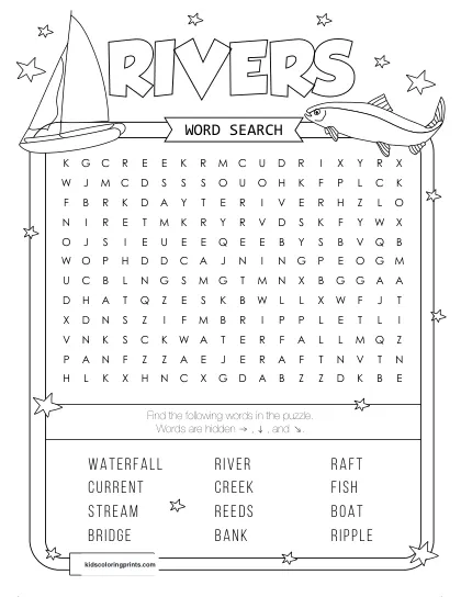 Free Printable Rivers Word Search Puzzle With 12 Words From River To Boat.
