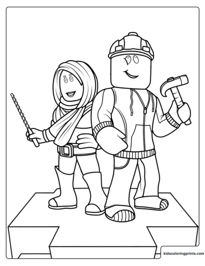 Roblox Builder Skin Characters Coloring Page With Two Builder Characters Standing On A Platform, One Holding A Hammer And One Holding A Tool.