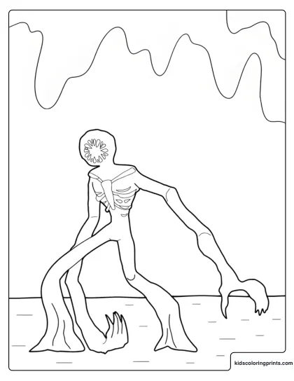 Roblox Doors Coloring Page Showing A Long Limbed Creature Standing In A Cave With Claw Like Hands.