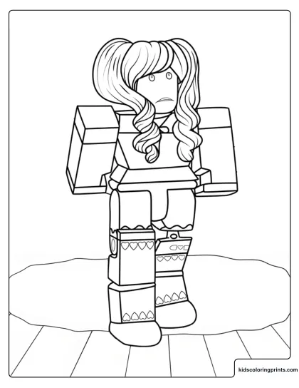 Roblox Girl Avatar Coloring Page Featuring A Blocky Character With Long Curly Hair Standing On A Rug Like Shape.