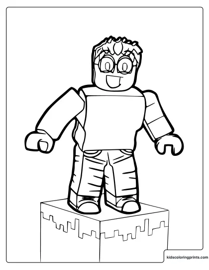 Roblox Minecraft Coloring Page Featuring A Blocky Character Standing On A Cube Platform With A Smiling Face.