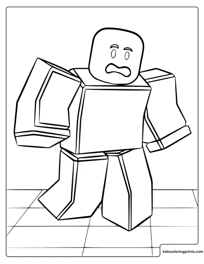 Roblox Noob Coloring Page Featuring A Blocky Character Walking Forward With A Worried Face On A Tiled Floor.