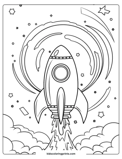 Coloring Page Of A Rocket Blasting Through Space With Swirling Cosmic Trails, Ideal For Adventurous Coloring.