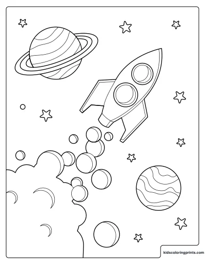 Space Coloring Page Featuring A Rocket Flying Past Planets, Stars, And Cosmic Clouds.