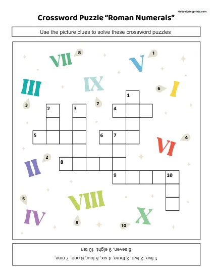 Free Printable Roman Numerals Crossword Puzzle For Learners.