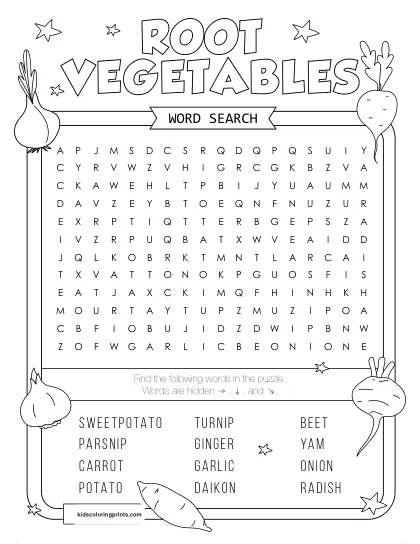 Free Printable Root Vegetables Word Search Puzzle With 12 Words From Carrot To Garlic.