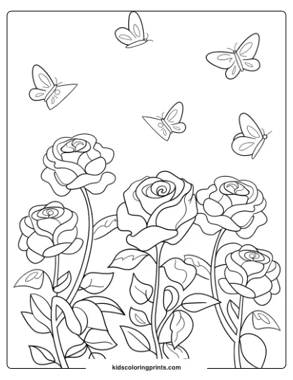 Coloring Page Of Roses With Butterflies, Perfect For Capturing The Beauty Of Flowers And Nature In Harmony.