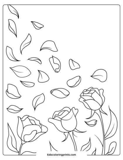 Coloring Page Of Roses With Petals Scattered In The Wind, Creating A Dynamic, Gentle Scene For Coloring.