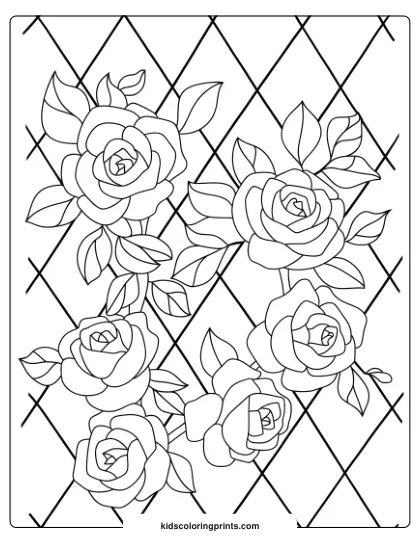 Coloring Page Of Roses Climbing A Trellis, Combining Floral Details With A Structured Design Perfect For Coloring.