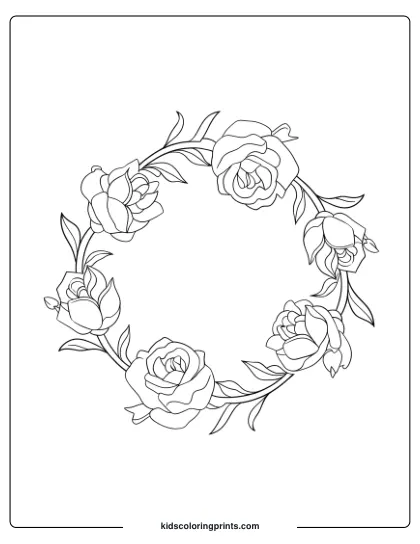 Rose Wreath Coloring Page With Detailed Petals And Leaves, Creating A Balanced, Decorative Floral Circle.