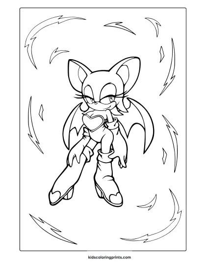 Coloring Page With Rouge The Bat Surrounded By Diamonds And Motion Lines.
