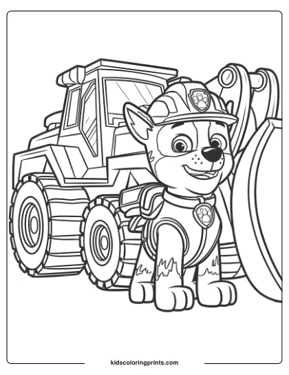 Rocky Coloring Page With Him Beside A Bulldozer, Showing His Construction Helmet And Vest.
