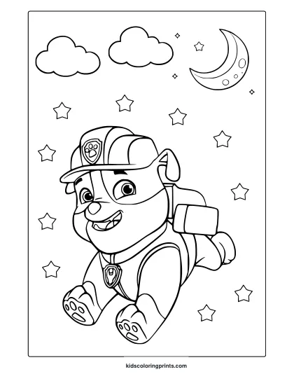 Rubble From Paw Patrol Under A Starry Night Sky, Drawn In A Bold Lined Cartoon Style For A Coloring Page.