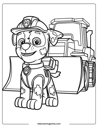 Rocky Coloring Page Featuring Him In A Helmet Next To His Big Bulldozer.