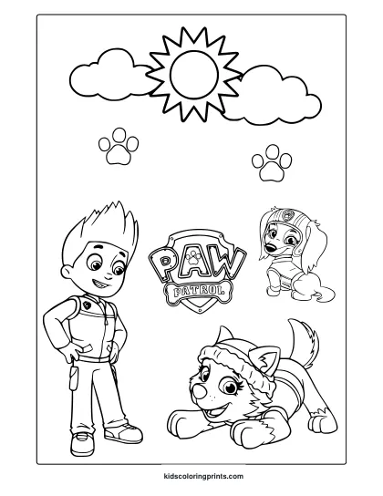 Ryder, Everest, And Liberty From Paw Patrol In A Sunny Scene With Paw Prints, Outlined For A Fun Coloring Page.