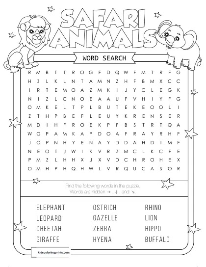 Free Printable Safari Animals Word Search Puzzle With 12 Animals From Lion To Zebra.
