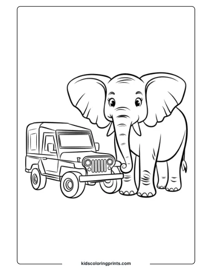 Coloring Page Of An Elephant Beside A Safari Jeep.