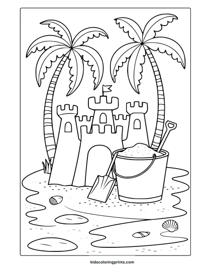 A Sand Castle With Palm Trees, Seashells, And A Bucket Features In This Calm Beach-Themed Coloring Page.