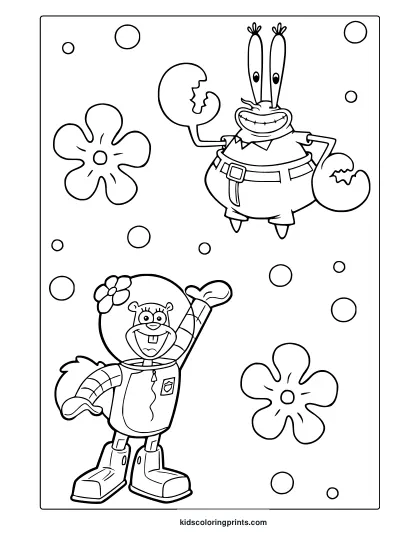 Sandy Cheeks And Mr. Krabs In A Lively Spongebob Coloring Page With Speech Bubble And Flower Details.
