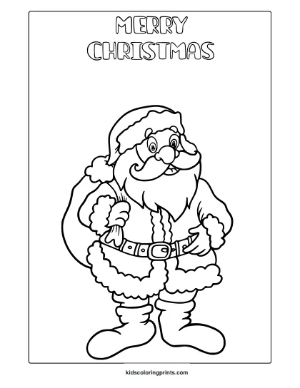 Santa Coloring Page With Traditional Outfit, Big Beard, And Merry Christmas Text.