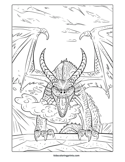 A Scary Realistic Dragon Coloring Page Showcasing A Fire-Breathing Dragon With Sharp Claws And Intense Eyes.