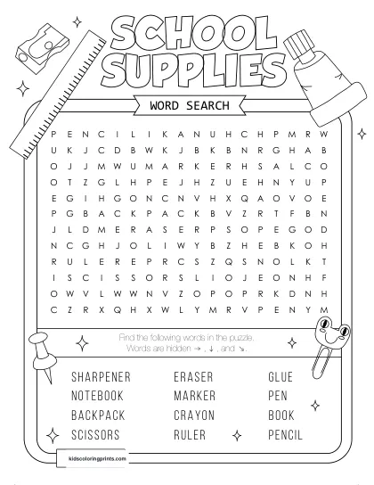 Free Printable School Supplies Word Search Puzzle With 12 Words From Pencil To Notebook.