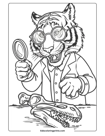 Scientist Tiger Coloring Page With A Tiger Examining A Dinosaur Skull, In A Lab Coat And Glasses.