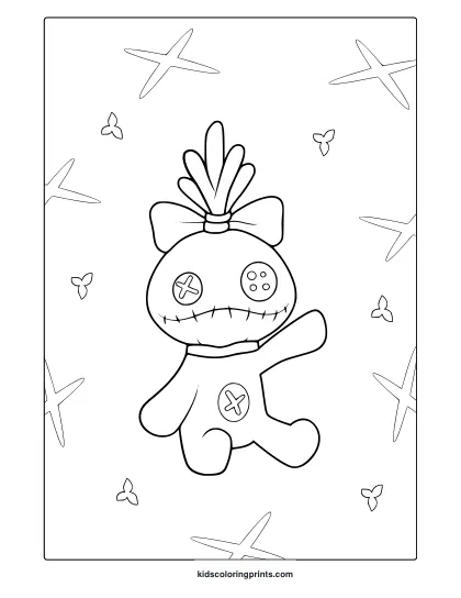 Scrump Coloring Page With Stitched Smile, Bow Detail, And Background Of Small Stars And Butterflies.