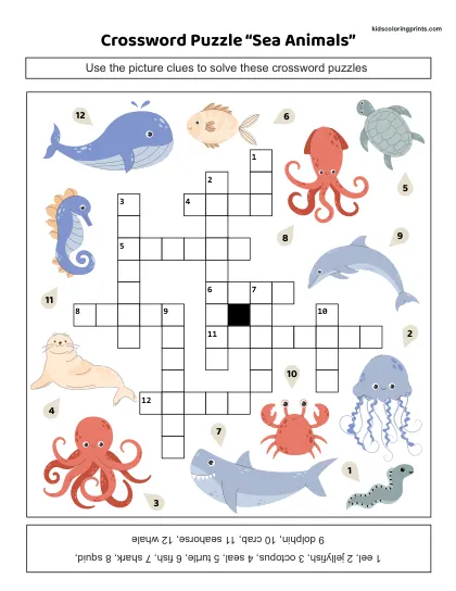 Free Printable Sea Animals Crossword Puzzle With Ocean Clues.