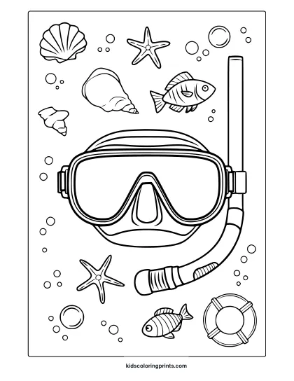 Snorkel Gear, Sea Creatures, And Beach Items Fill This Underwater-Inspired Sea Elements Coloring Page.