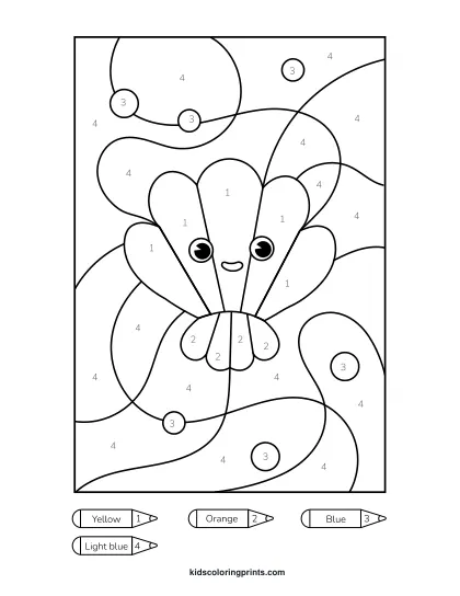 Sea Shell Color By Number Coloring Page Featuring A Large Fan Shaped Shell With Fine Ridges And Rounded Edges.