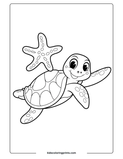 Sea Turtle And Starfish Coloring Page, Highlighting Friendship In A Simple And Serene Underwater Scene.