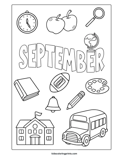 September Back To School Coloring Page With Books, Globe, Apples, And School Supplies In Line Art Style.