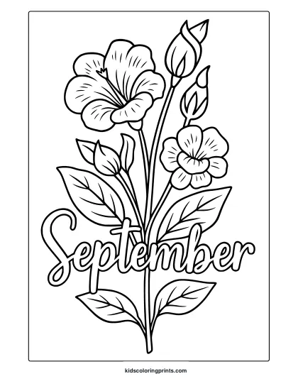 September Flowers Coloring Page With Blooming Flowers, Buds, And Leaves In Decorative Line Art Style.