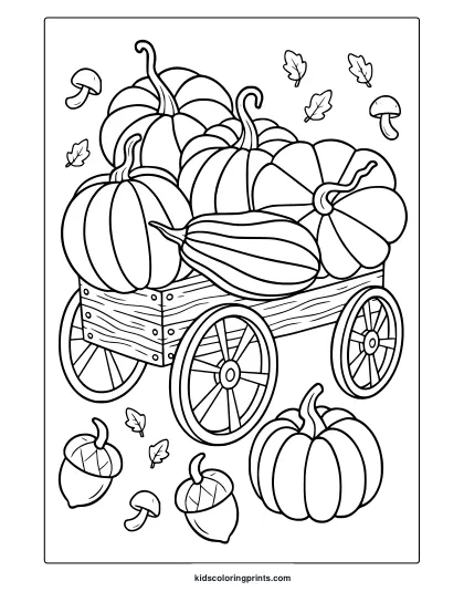September Pumpkins In Wagon Coloring Page With Autumn Leaves And Mushrooms In Black And White Line Art.