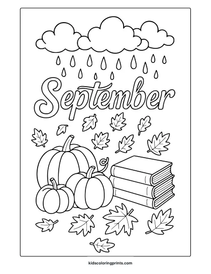 September Rain Coloring Page With Pumpkins, Books, Maple Leaves, And Raindrops In Clean Line Art.