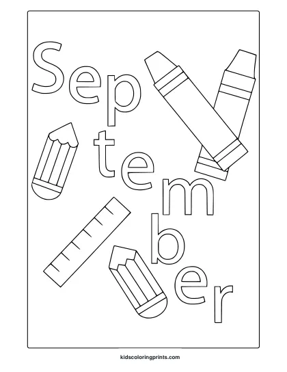 September School Equipments Coloring Page With Crayon, Pencil, And Ruler In Clean Line Art Style.