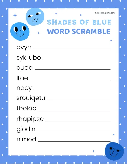 Free Printable Shades Of Blue Word Scramble For Anyone Who Loves Cool Colors.