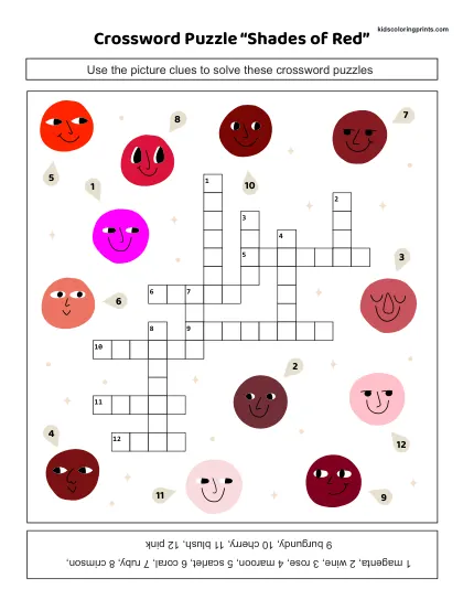 Free Printable Shades Of Red Crossword Puzzle For Color Study.