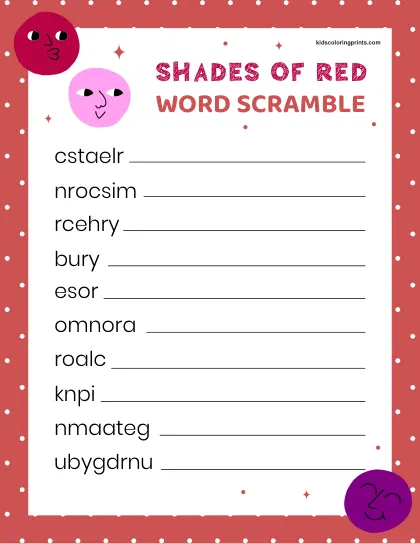 Free Printable Shades Of Red Word Scramble For Those Exploring Color Variations.