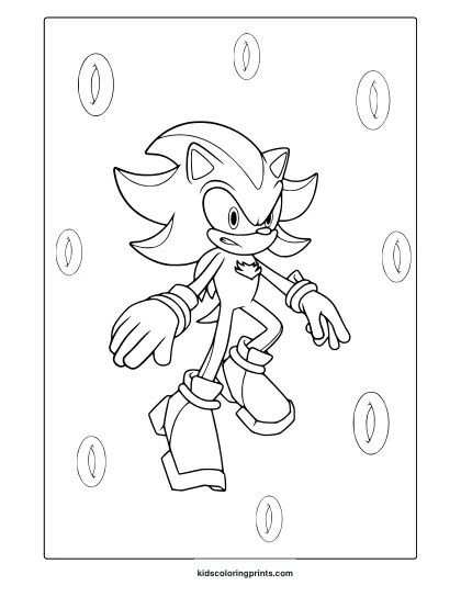Coloring Page With Shadow The Hedgehog Running And Emeralds In The Background.