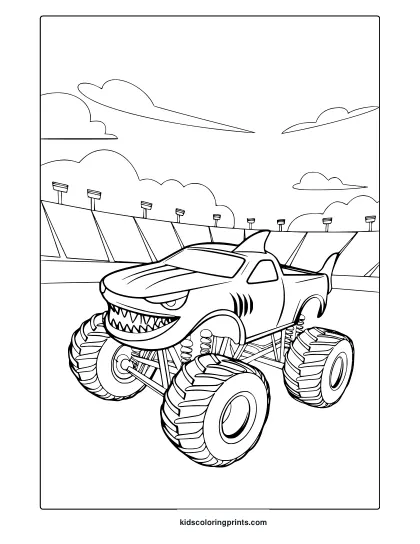 Shark Monster Truck With Sharp Teeth Racing On A Stadium Track, Exciting And Bold Coloring Page Design.