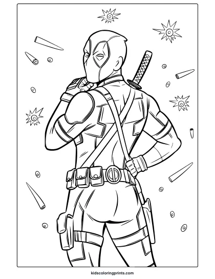 Shocked Deadpool Coloring Page Featuring The Superhero In An Action-Packed Environment, Ideal For Dynamic Coloring Fun.