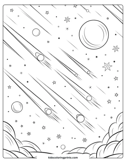 Coloring Page Of Shooting Stars And Planets Lighting Up Space, Perfect For A Dynamic And Adventurous Coloring Experience.