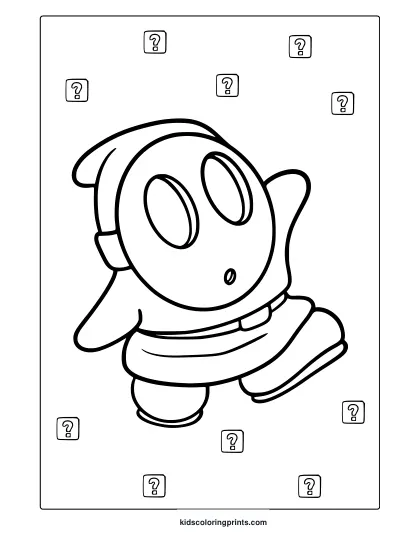 Coloring Page Featuring Shy Guy With Gas Mask And Surrounding Question Boxes.