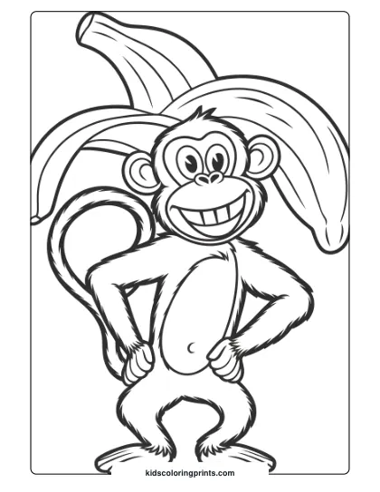A Coloring Page Of A Playful Monkey With A Banana Hat, Adding A Fun And Silly Touch To Its Look.