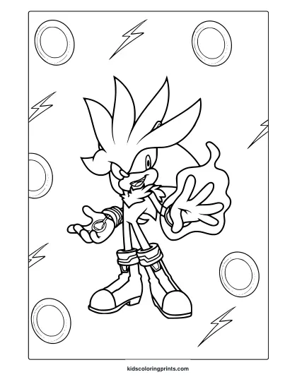 Coloring Page With Silver The Hedgehog In Action Pose With Glowing Orb And Symbols.