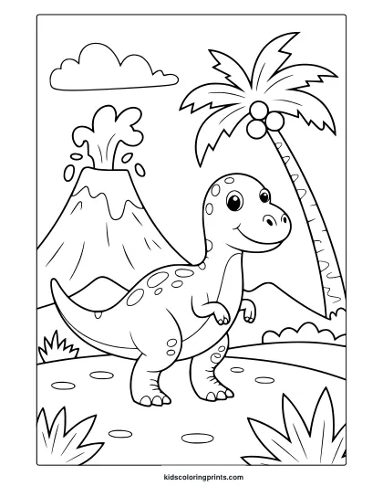 A Smiling Cartoon Dinosaur Near A Volcano Appears In This Simple, Child-Friendly Dinosaur Coloring Page.